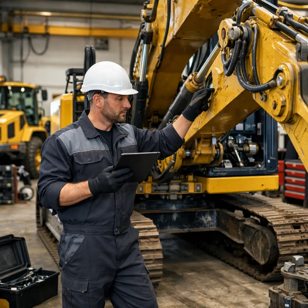 Technicien M.C.E.S. TP contrôlant le bras d'une pelle hydraulique